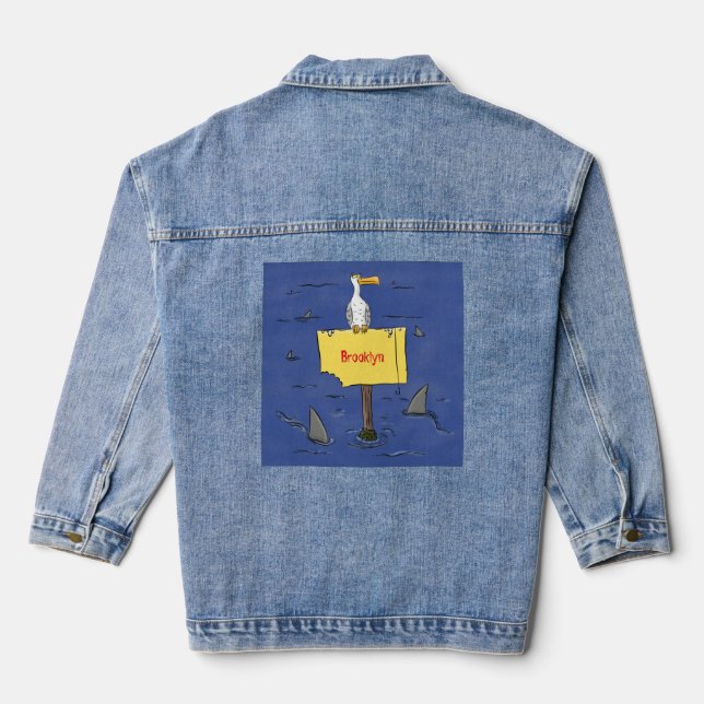 Funny sea bird circled by sharks cartoon denim jacket (Back)