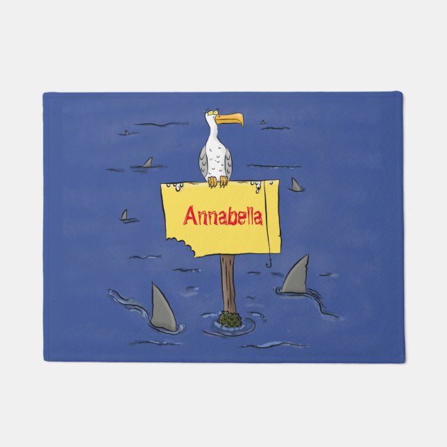 Funny sea bird circled by sharks cartoon doormat (Front)