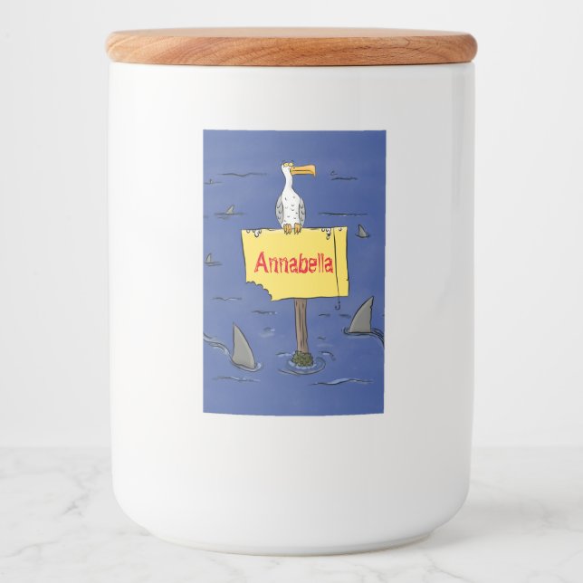 Funny sea bird circled by sharks cartoon food label (Front)