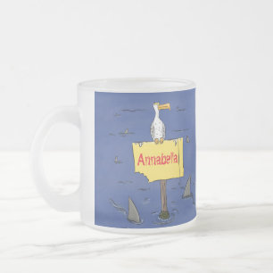 Funny sea bird circled by sharks cartoon frosted glass coffee mug