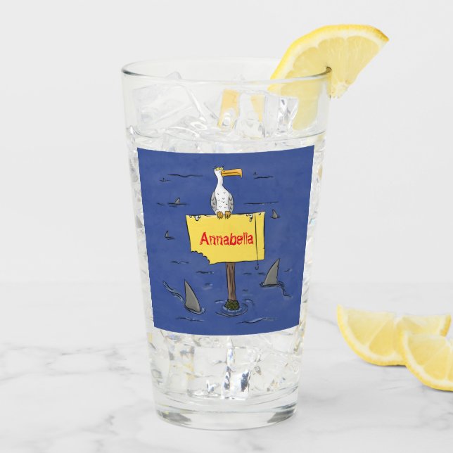 Funny sea bird circled by sharks cartoon glass (Back Ice)