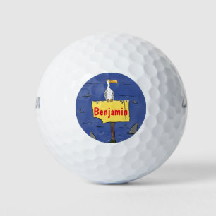 Funny sea bird circled by sharks cartoon golf balls