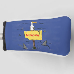 Funny sea bird circled by sharks cartoon golf head cover