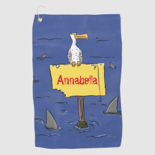 Funny sea bird circled by sharks cartoon golf towel