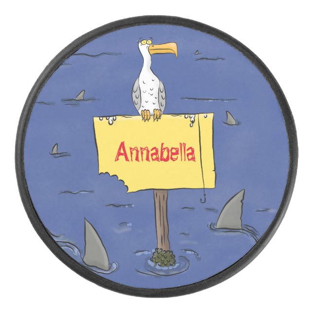 Funny sea bird circled by sharks cartoon hockey puck (Front)