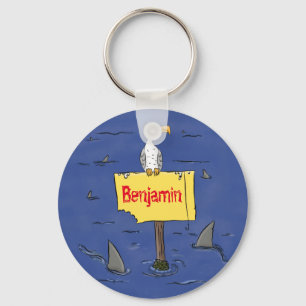 Funny sea bird circled by sharks cartoon key ring