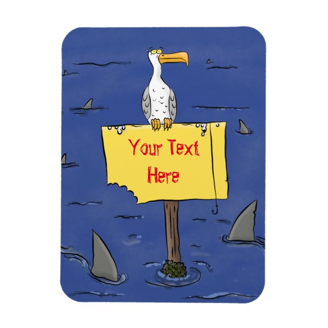 Funny sea bird circled by sharks cartoon magnet (Vertical)