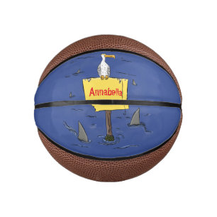 Funny sea bird circled by sharks cartoon mini basketball