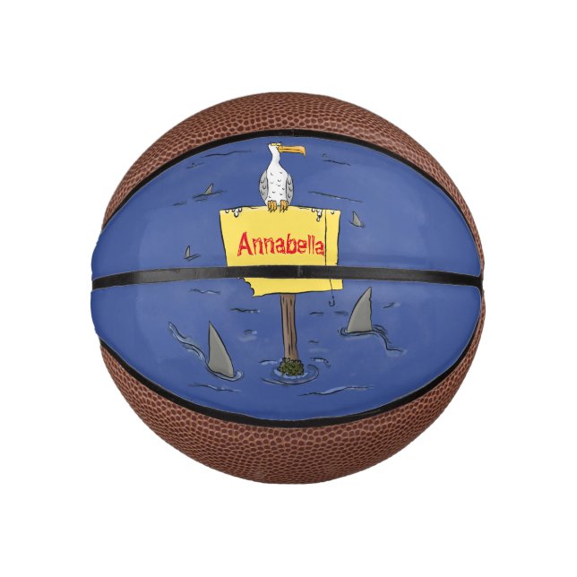 Funny sea bird circled by sharks cartoon mini basketball (Front)