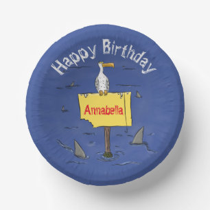 Funny sea bird circled by sharks cartoon paper plate