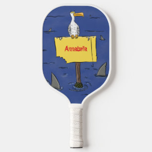 Funny sea bird circled by sharks cartoon pickleball paddle