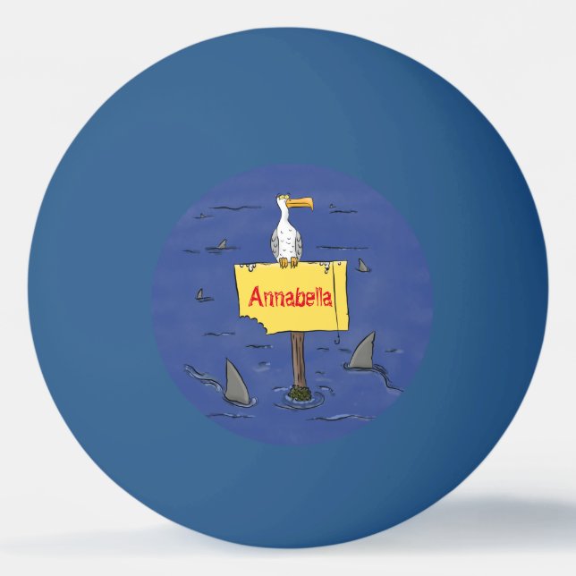 Funny sea bird circled by sharks cartoon ping pong ball (Front)