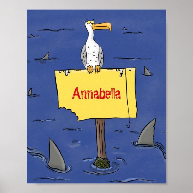 Funny sea bird circled by sharks cartoon poster (Front)