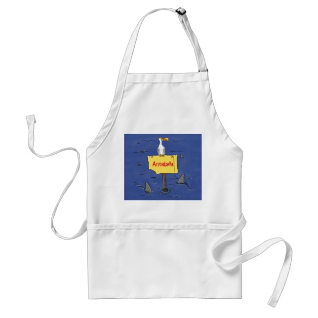 Funny sea bird circled by sharks cartoon standard apron (Front)