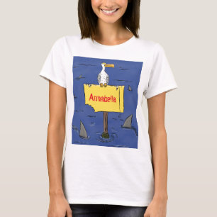 Funny sea bird circled by sharks cartoon T-Shirt