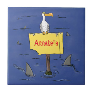 Funny sea bird circled by sharks cartoon tile