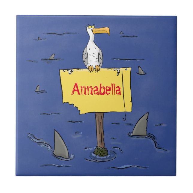 Funny sea bird circled by sharks cartoon tile (Front)