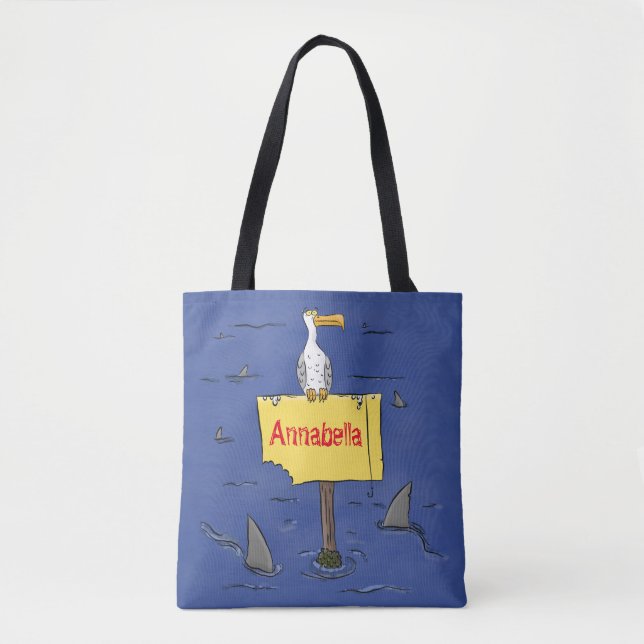 Funny sea bird circled by sharks cartoon tote bag (Front)