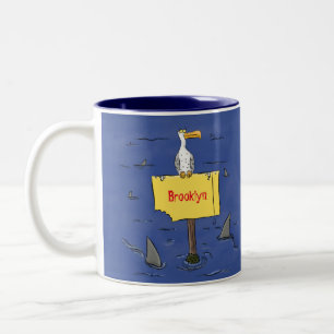 Funny sea bird circled by sharks cartoon Two-Tone coffee mug