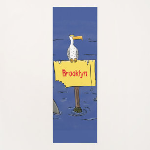 Funny sea bird circled by sharks cartoon yoga mat