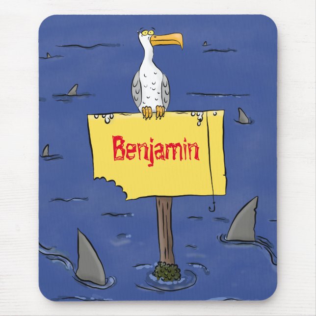 Funny sea bird surrounded by sharks cartoon mouse mat (Front)