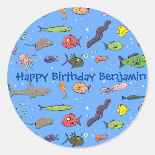 Funny sea creatures cartoon illustration classic round sticker