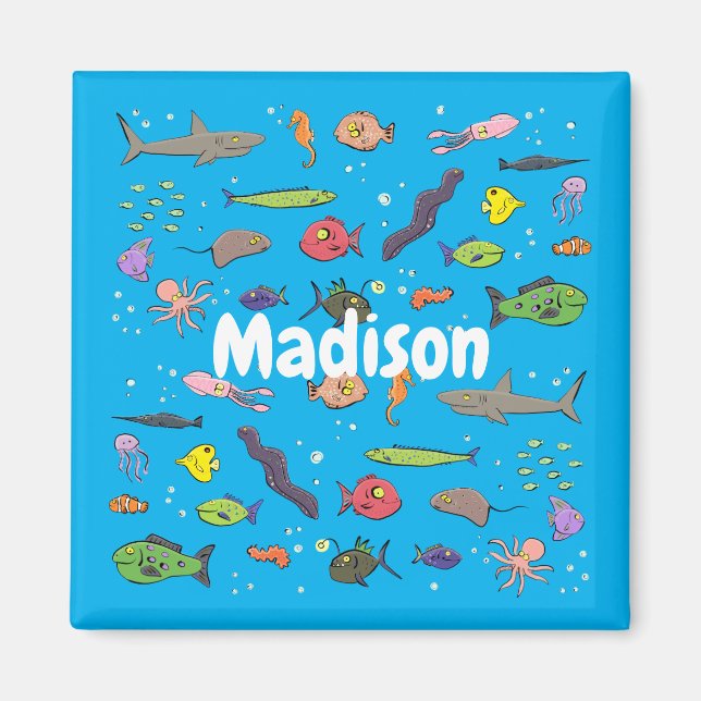 Funny sea creatures cartoon illustration magnet (Front)