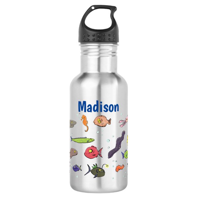 Funny sea creatures cartoon illustration pattern 532 ml water bottle (Front)