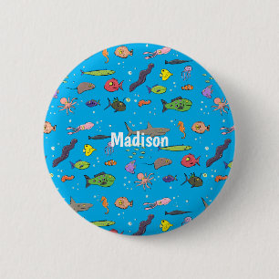 Funny sea creatures cartoon illustration pattern 6 cm round badge