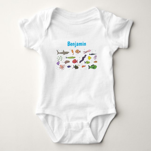 Funny sea creatures cartoon illustration pattern baby bodysuit (Front)
