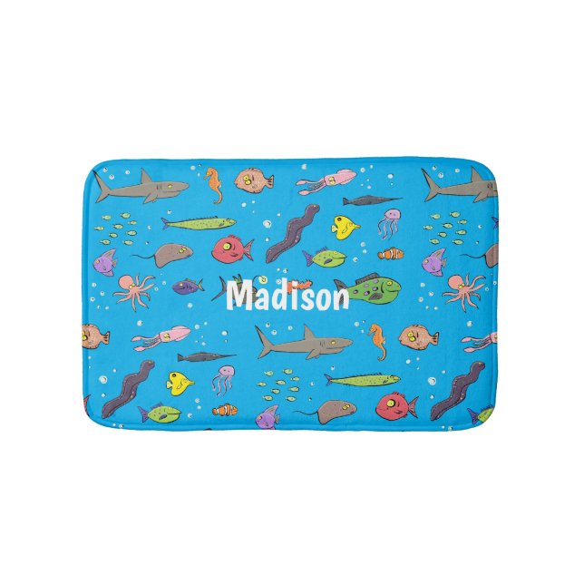Funny sea creatures cartoon illustration pattern bath mat (Front)