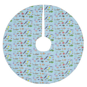 Funny sea creatures cartoon illustration pattern brushed polyester tree skirt