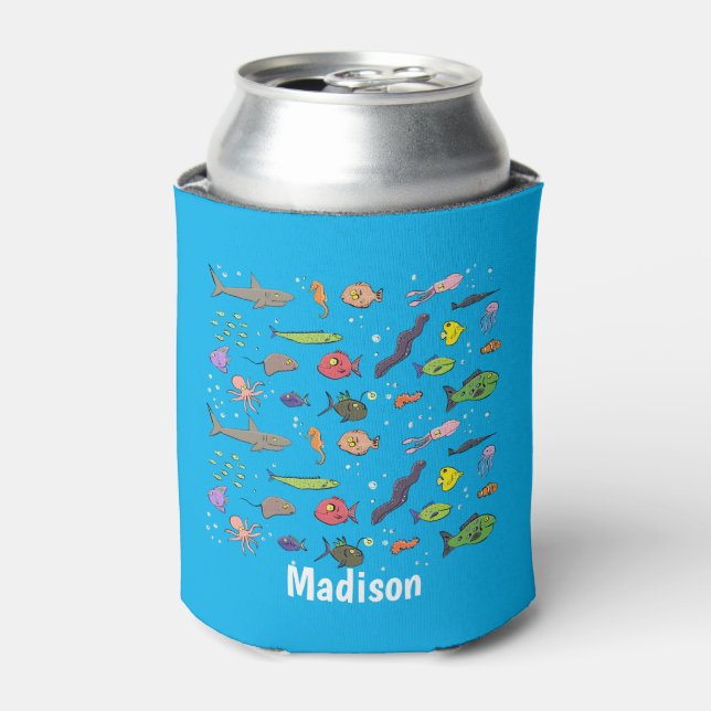 Funny sea creatures cartoon illustration pattern can cooler (Can Front)