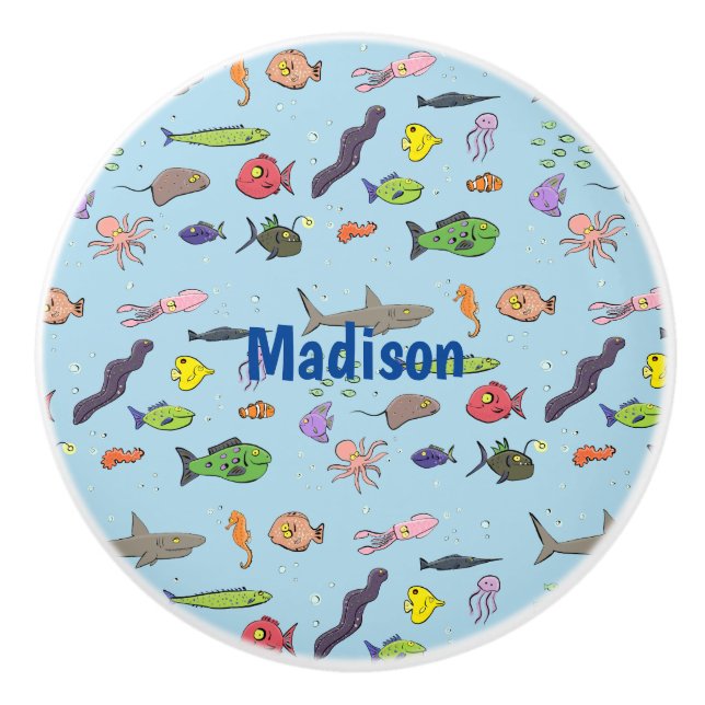 Funny sea creatures cartoon illustration pattern ceramic knob (Front)