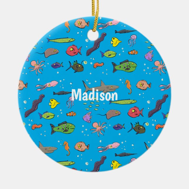 Funny sea creatures cartoon illustration pattern ceramic tree decoration (Front)