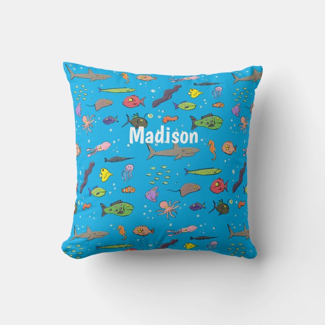 Funny sea creatures cartoon illustration pattern cushion (Front)