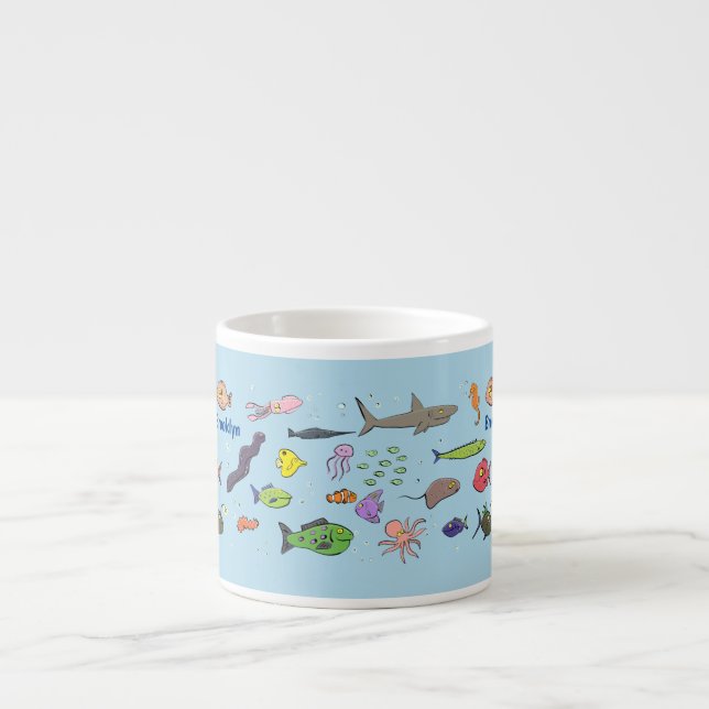 Funny sea creatures cartoon illustration pattern espresso cup (Front)