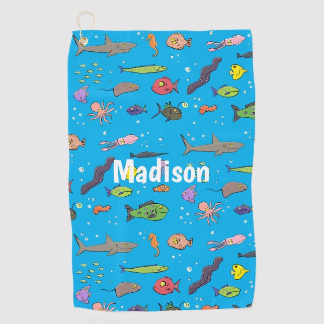 Funny sea creatures cartoon illustration pattern golf towel (Front)