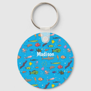 Funny sea creatures cartoon illustration pattern key ring