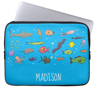 Funny sea creatures cartoon illustration pattern laptop sleeve