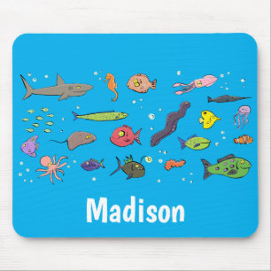Funny sea creatures cartoon illustration pattern mouse mat