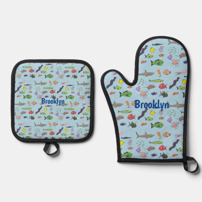 Funny sea creatures cartoon illustration pattern oven mitt & pot holder set (Front)