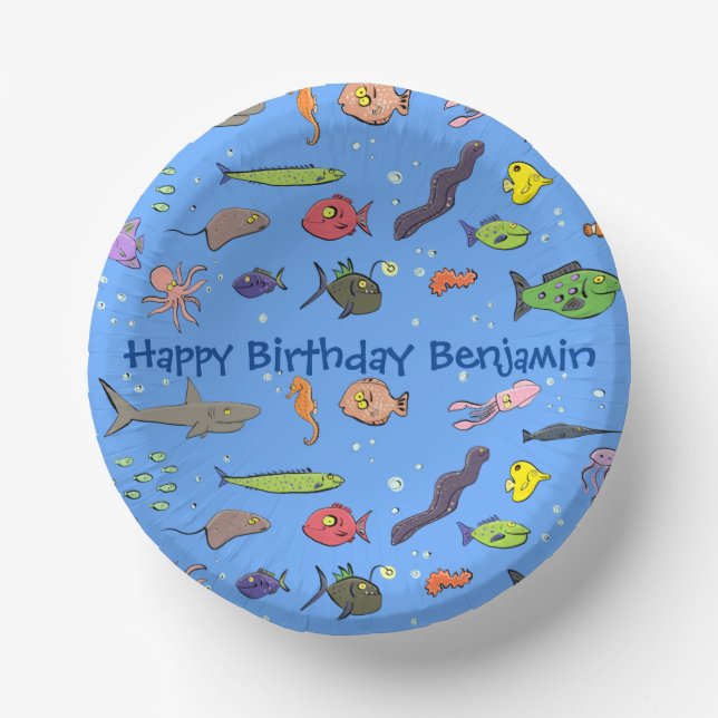 Funny sea creatures cartoon illustration pattern paper plate (Front)
