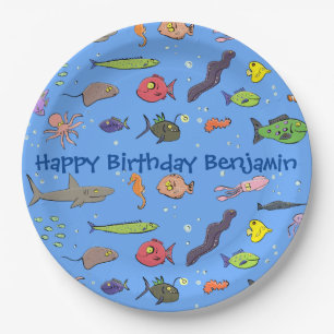 Funny sea creatures cartoon illustration pattern paper plate