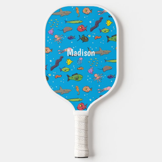 Funny sea creatures cartoon illustration pattern pickleball paddle (Front)