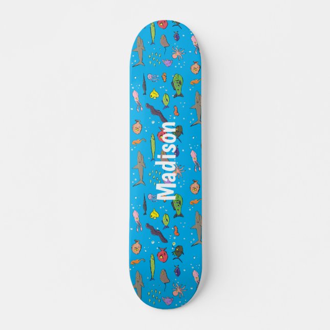 Funny sea creatures cartoon illustration pattern skateboard (Front)