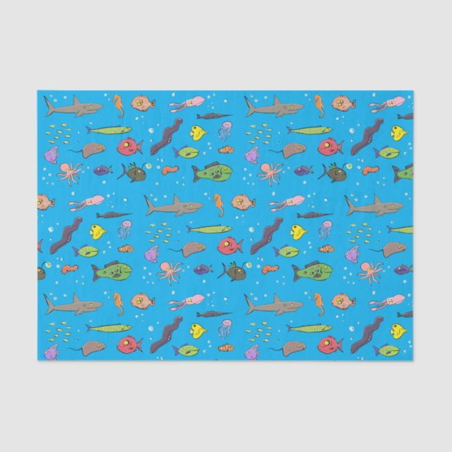 Funny sea creatures cartoon illustration pattern tissue paper (Front)