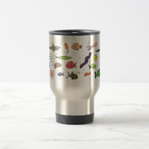 Funny sea creatures cartoon illustration pattern travel mug