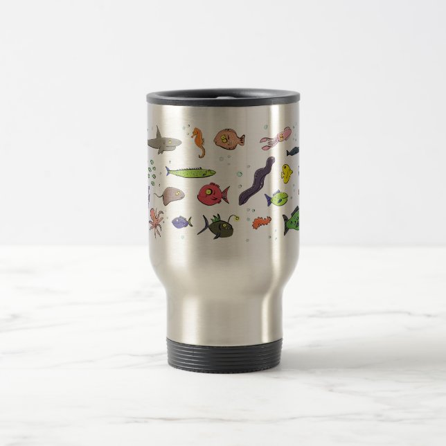 Funny sea creatures cartoon illustration pattern travel mug (Center)