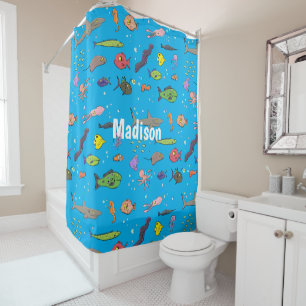 Funny sea creatures cartoon illustration shower curtain